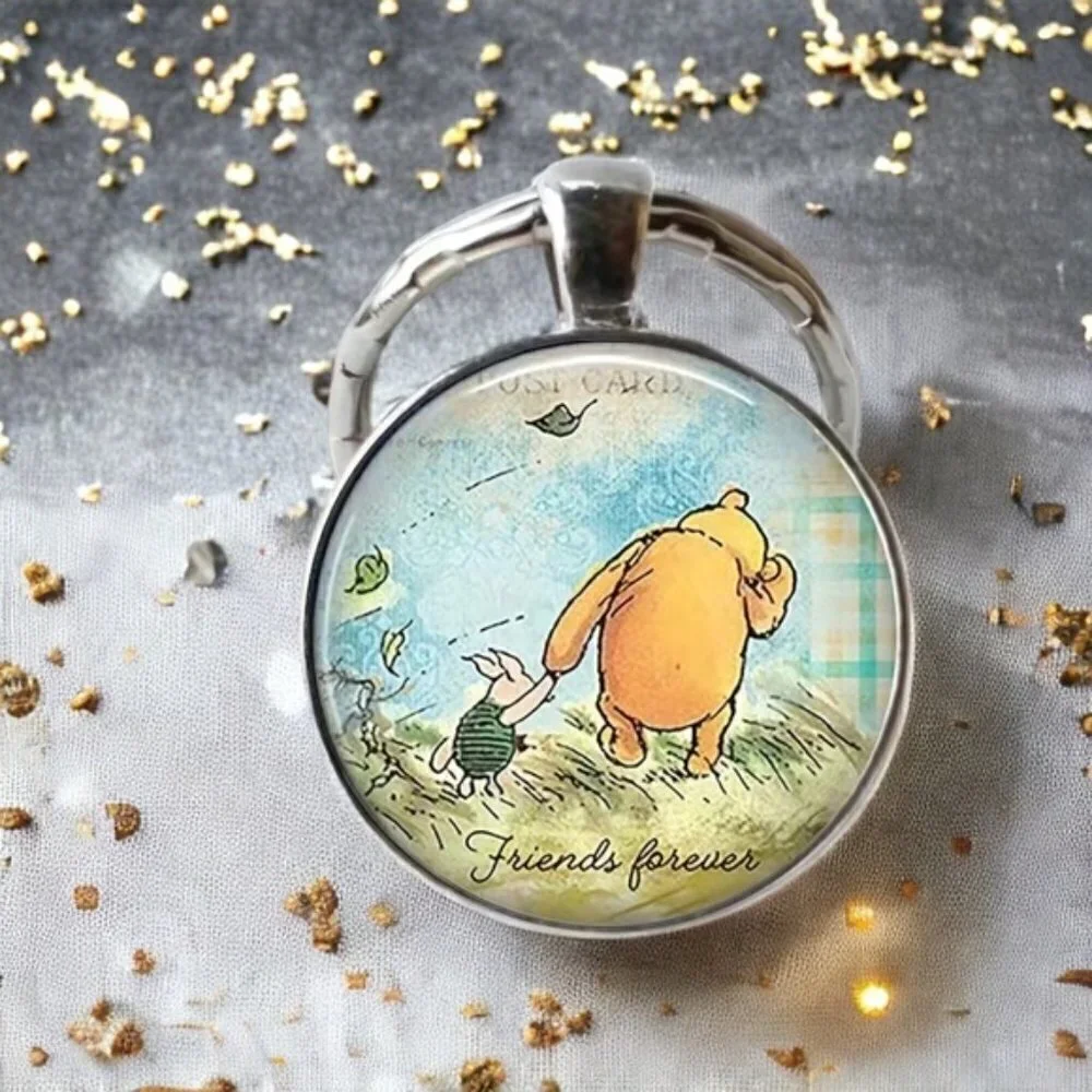 Winnie The Pooh Keychain Friends Forever Round Pendant Keyring Pooh Piglet